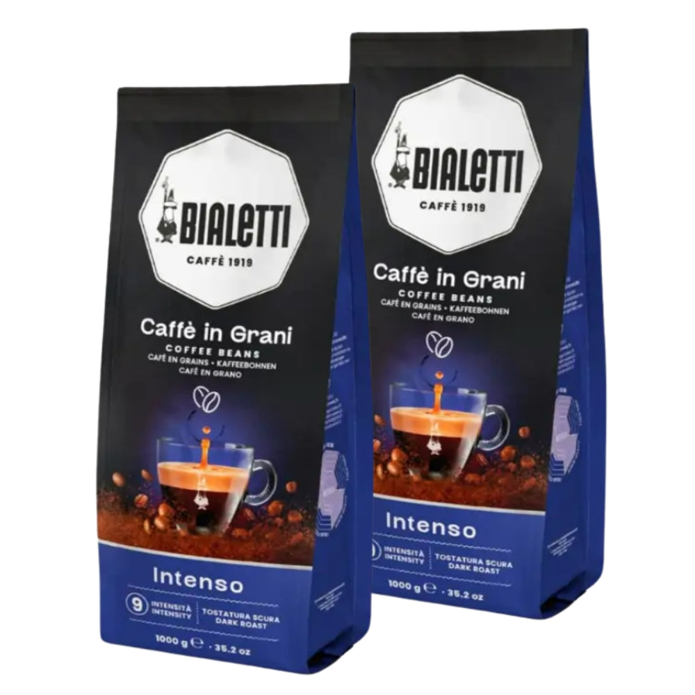 2x Café Bialetti Intenso en Grano 1kg — blend 30% arábica y 70% robusta, cuerpo fuerte