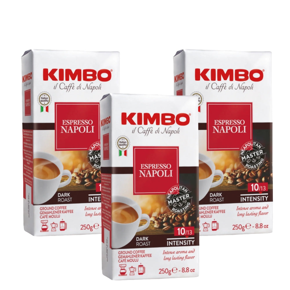 3x Café Kimbo Napoli Molido 250g brick — molido napolitano 80% arábica y 20% robusta