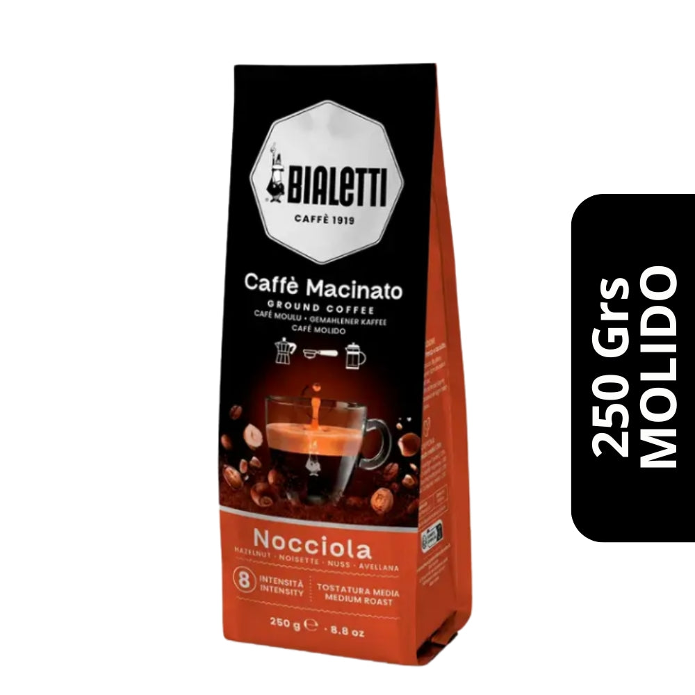 Café Bialetti Avellana Molido 250g — blend arábica-robusta aromatizado, sabor a avellana