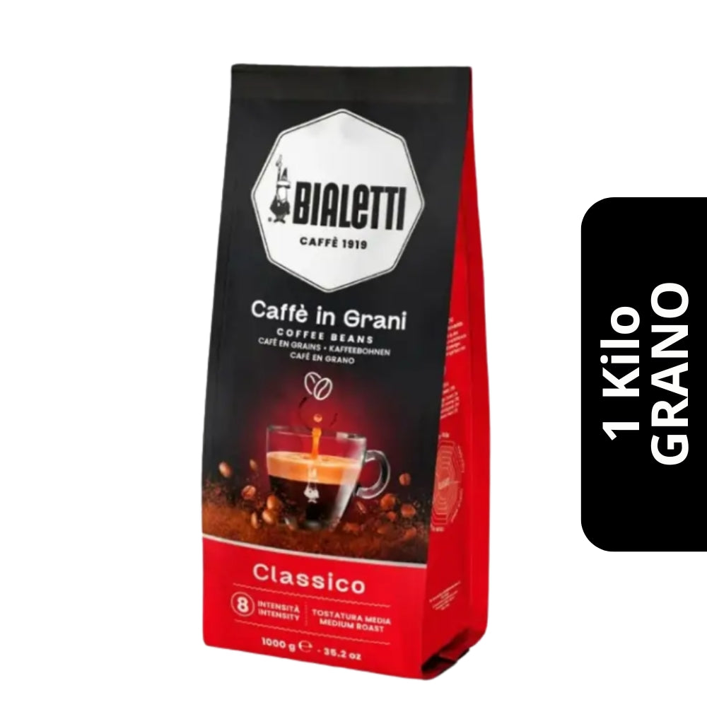 Café Bialetti Classico en Grano 1kg — blend 50% arábica y 50% robusta, equilibrado
