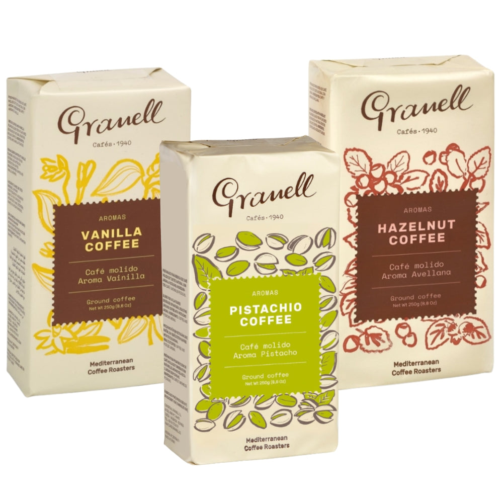 Pack Granell Sabores Molido 750g — Pistacho, Vainilla y Avellana, tres aromatizados 100% arábica