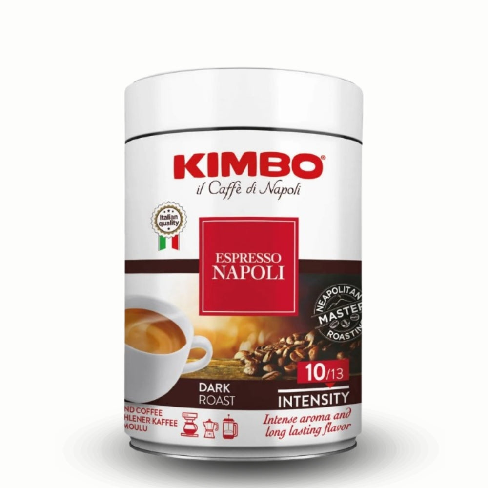 Café Kimbo Napoli Molido 250g lata — molido napolitano 80% arábica, cremoso y aterciopelado