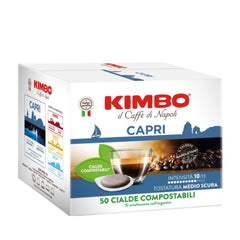 Kimbo 50 Pods Capri Compostables E.S.E — espresso napolitano suave y aromático, sostenible