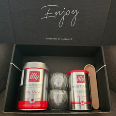 Gift Box Experiencia Café Illy — 2 tazas, cuchara dosificadora, molido y café instantáneo Classico