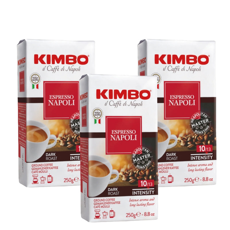 3x Café Kimbo Napoli Molido 250g brick — molido napolitano 80% arábica y 20% robusta
