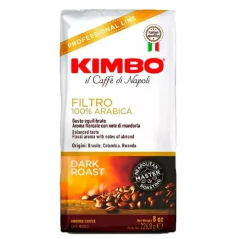 Café Kimbo Filtro Molido 226g — blend napolitano 100% arábica, molienda para filtro
