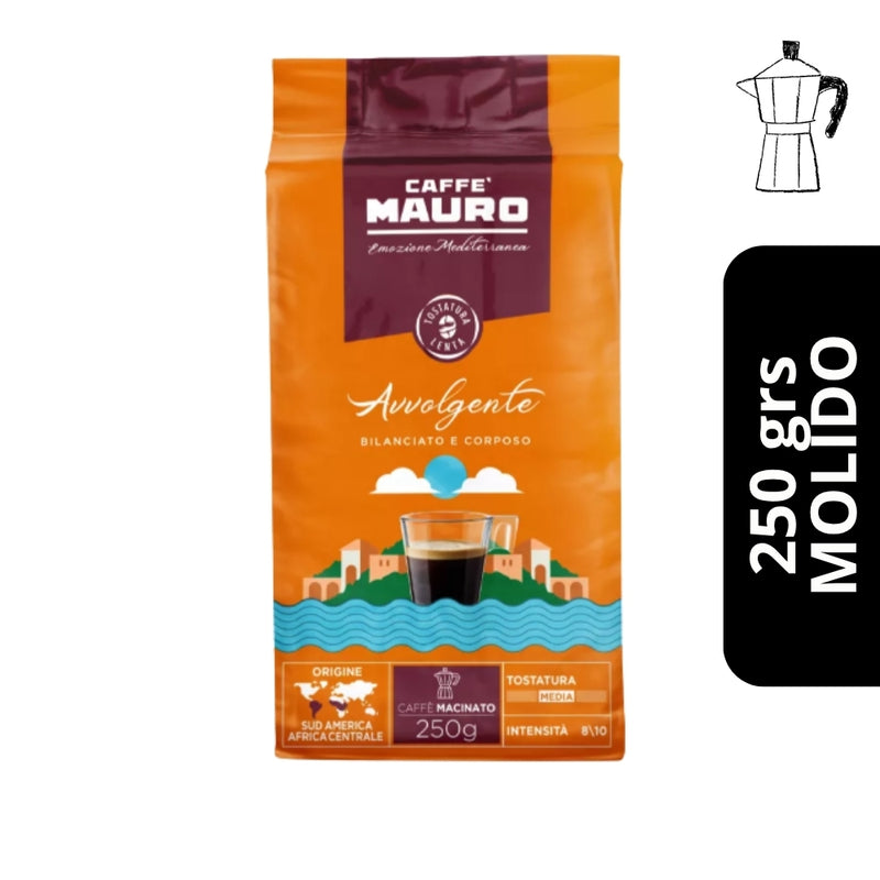 Caffè Mauro Avvolgente Molido 250g — blend arábica-robusta, intensidad 8, notas de chocolate y nuez