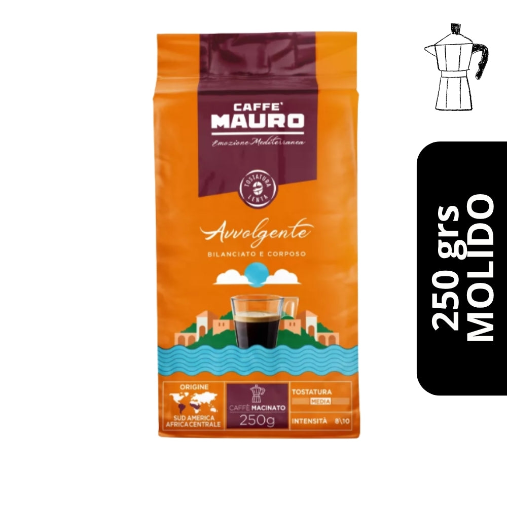 Caffè Mauro Avvolgente Molido 250g — blend arábica-robusta, intensidad 8, notas de chocolate y nuez