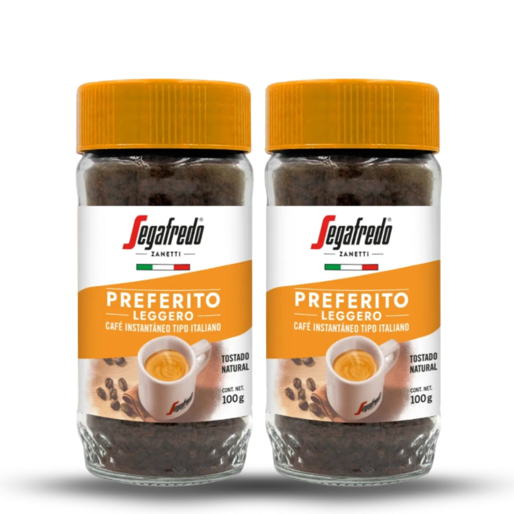 2x Segafredo Preferito Leggero Instantáneo 100g — perfil suave y aromático, dulzura equilibrada