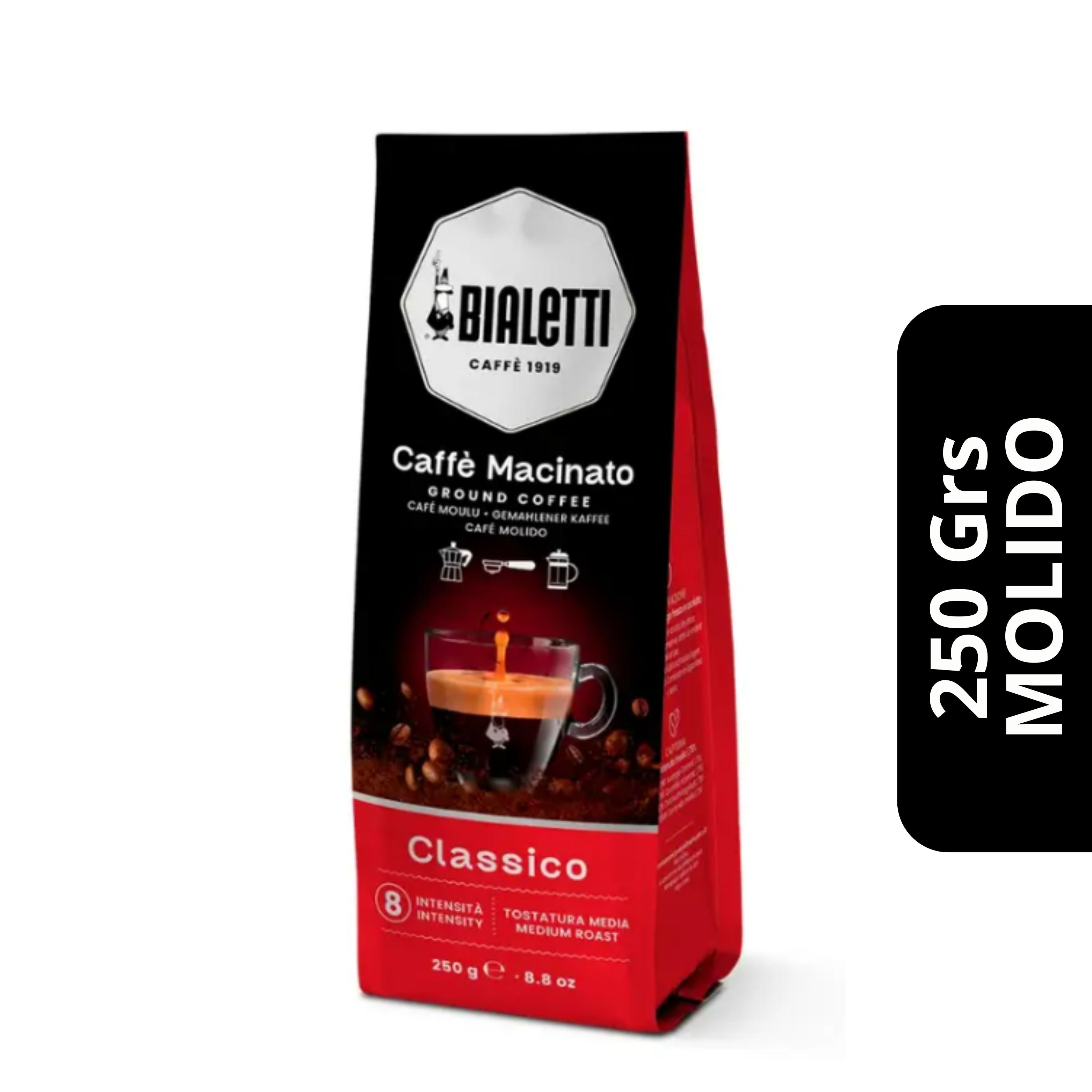 Café Bialetti Classico Molido 250g — blend equilibrado de arábica y robusta, para moka