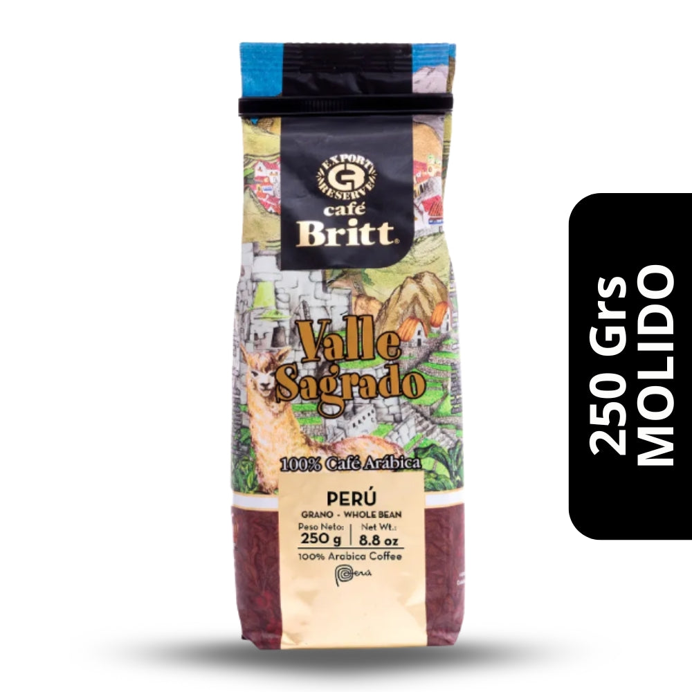 Café Britt Valle Sagrado Molido 250g — 100% arábica de altura, tueste medio, notas florales