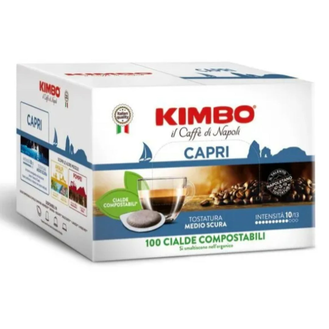 Kimbo 100 Pods Capri Compostables E.S.E — espresso napolitano suave en formato sostenible