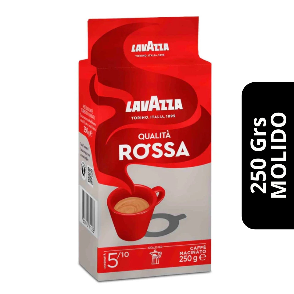 Café Lavazza Qualità Rossa Molido 250g — blend 70% robusta y 30% arábica, intensidad alta