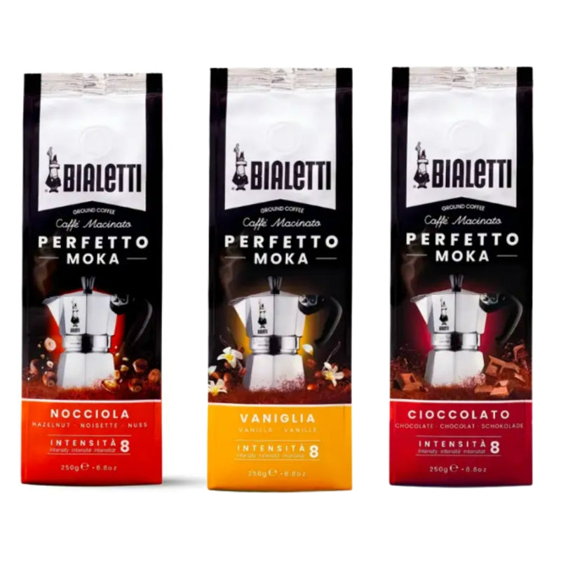 Pack Bialetti Sabores para Moka 750g — Avellana, Vainilla y Chocolate, tres molidos aromáticos