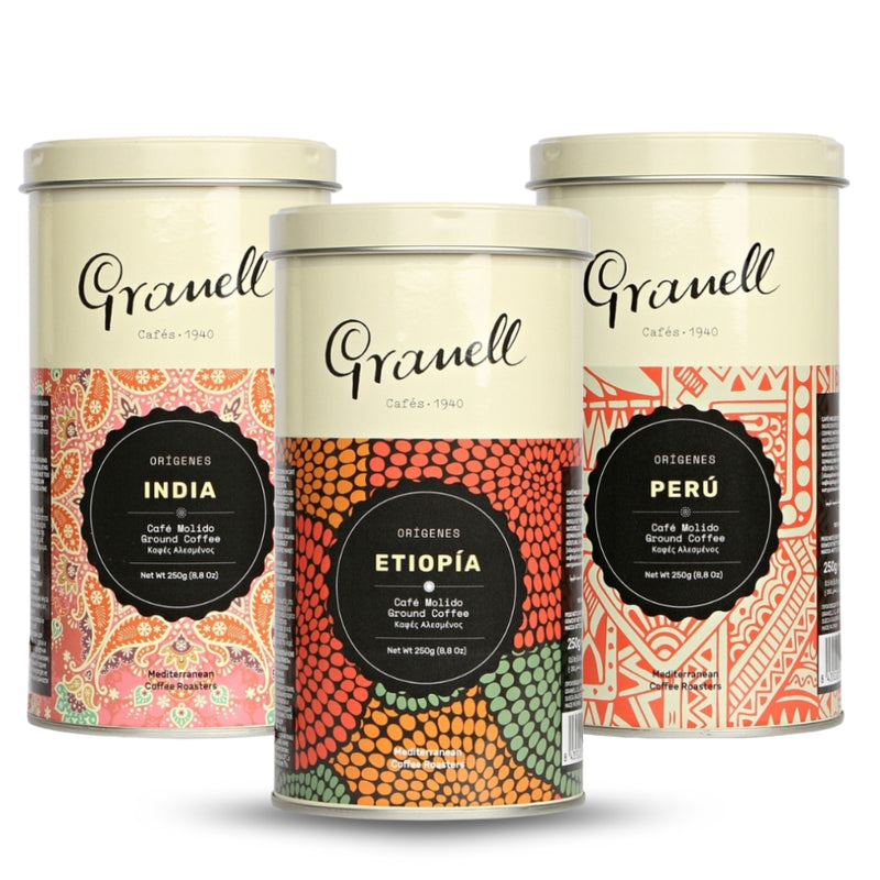 Pack Granell Orígenes Molido — Etiopía, Perú e India 200g cada uno, tres 100% arábica de origen