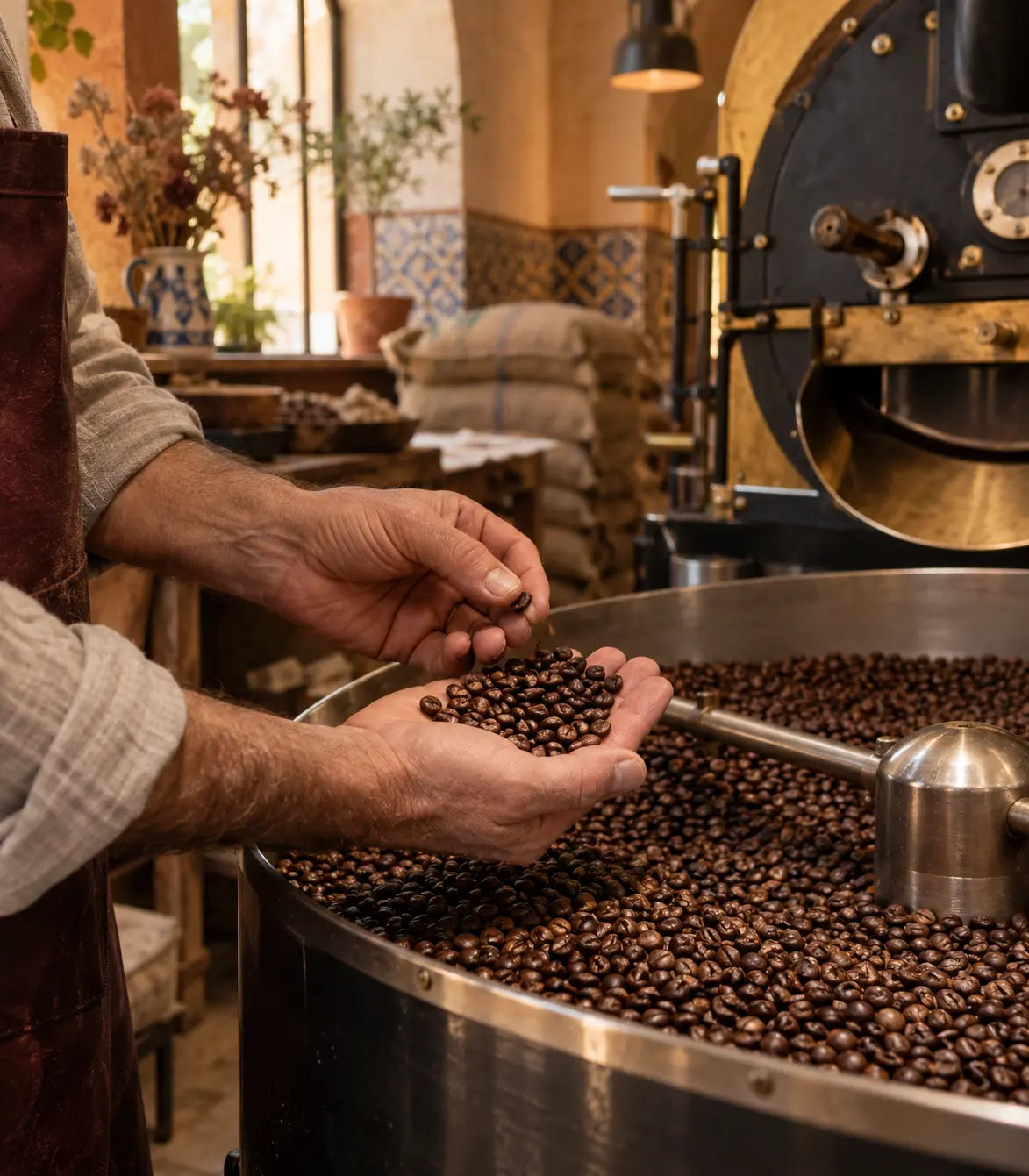 Maestro tostador revisando granos de café recién tostados